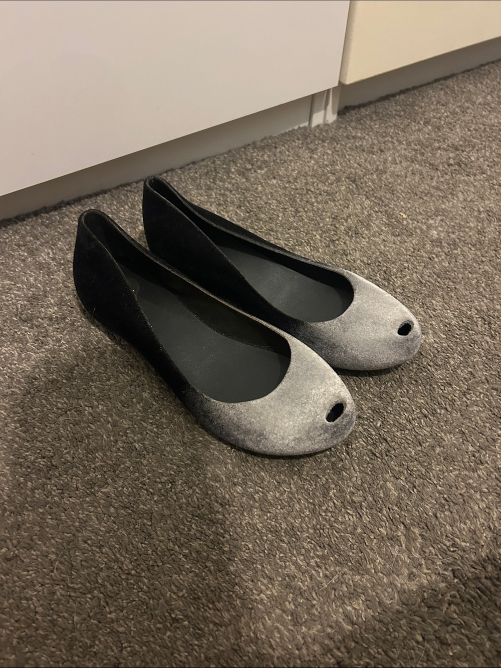Melissa Women’s Two-Tone Black and Gray Suede Peep-Toe Flats